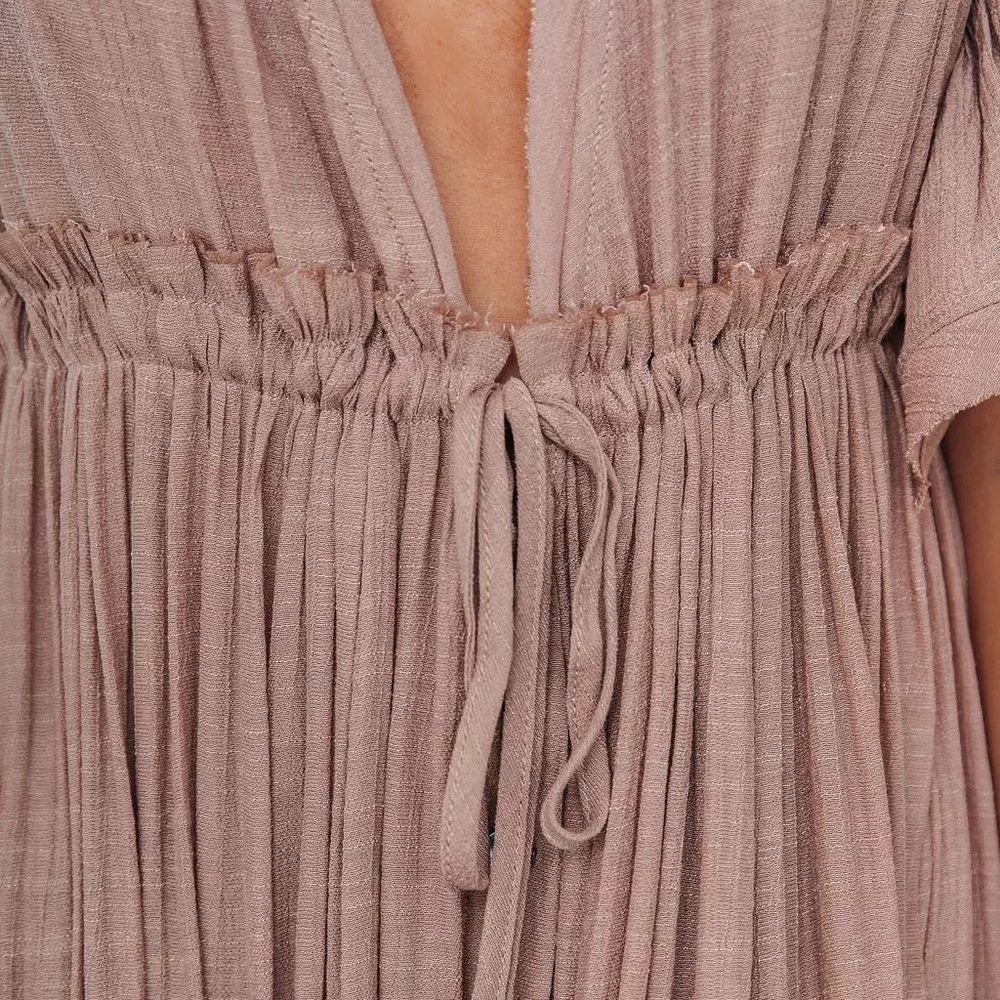 Muted Mauve Boho Gauze Boho Button Flutter Sheer Maxi Dress W/Adjustable Tie - Picture 7 of 7